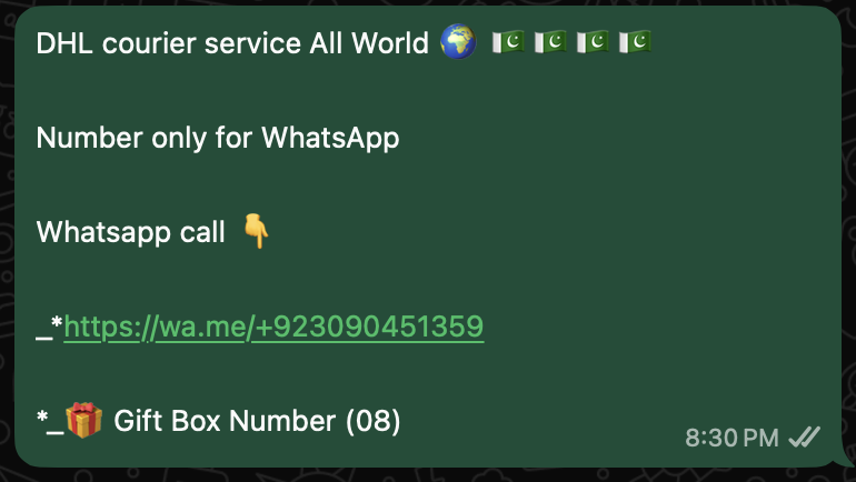 Screenshot of scam WhatsApp message asking for delivery charges